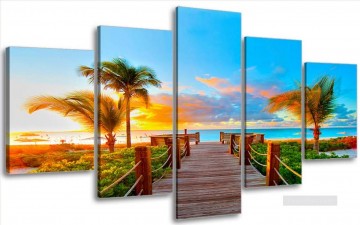  panels Oil Painting - sunrise seaside in set panels